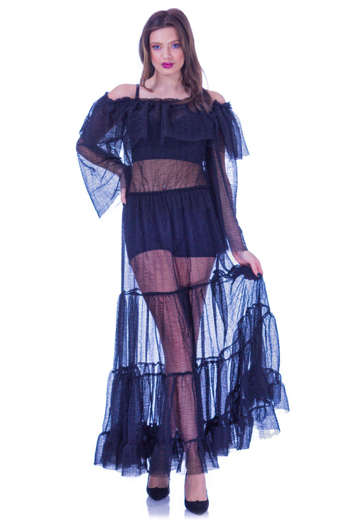 Rochie voal negru cu volane I-10